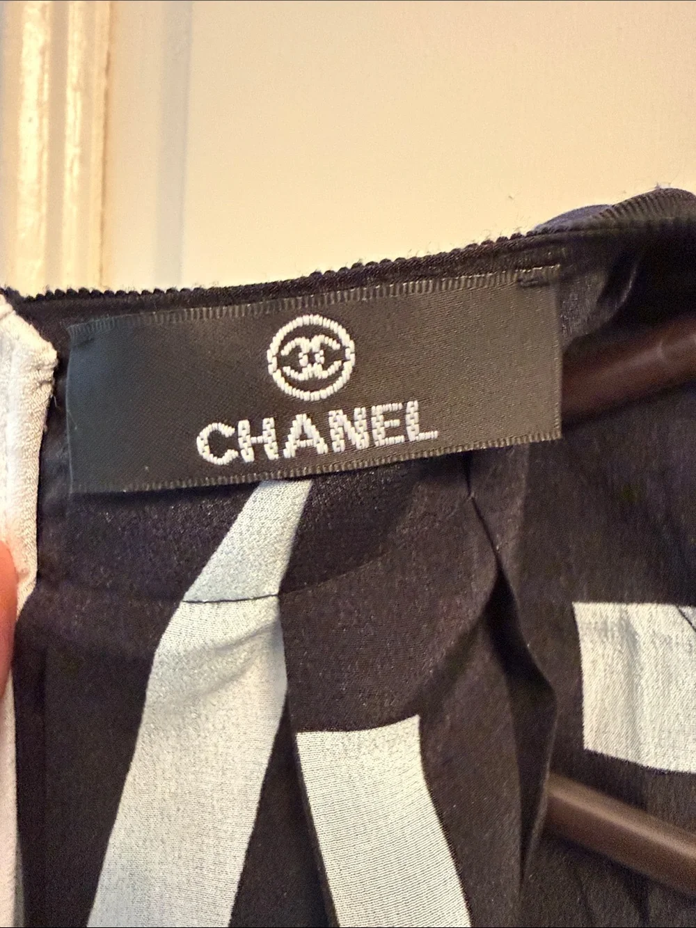 CHANEL silk navy, blue, and pinky Striped logo pleated dress with buttons
